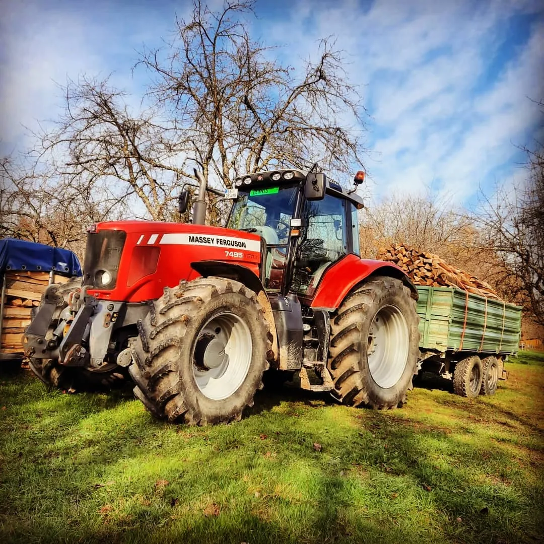 Massey Ferguson mit Kipper voller Brennholz unter blauem Himmel